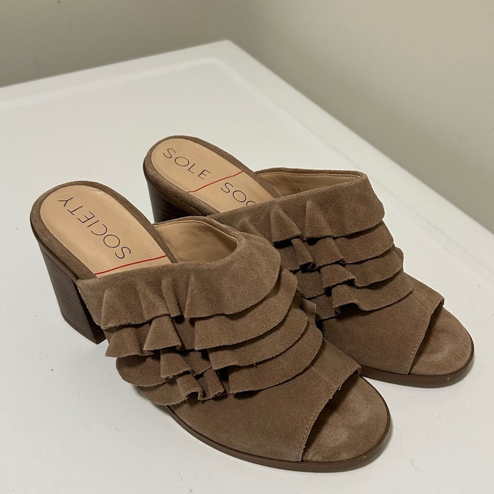 Sole Society Suede Ruffle Mules Tan Size 8